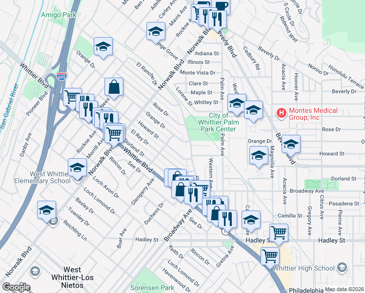 map of restaurants, bars, coffee shops, grocery stores, and more near 5807 Orange Place in Whittier