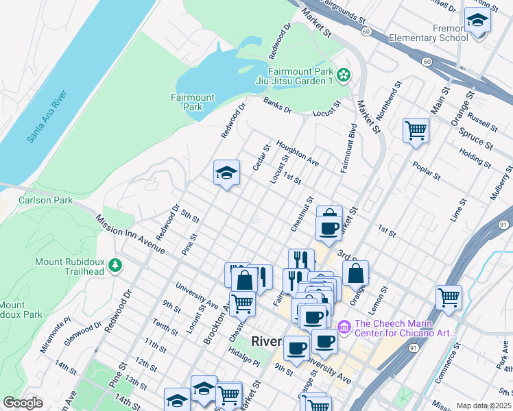 map of restaurants, bars, coffee shops, grocery stores, and more near 3222 Locust Street in Riverside