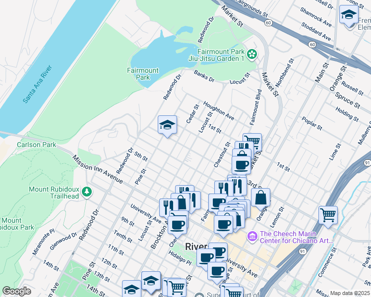 map of restaurants, bars, coffee shops, grocery stores, and more near 3290 Cedar Street in Riverside