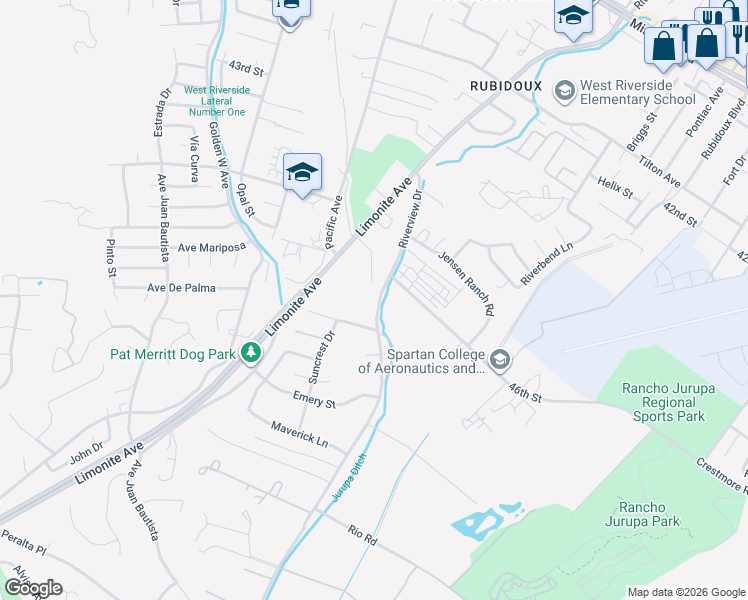 map of restaurants, bars, coffee shops, grocery stores, and more near 4620 Riverview Drive in Riverside