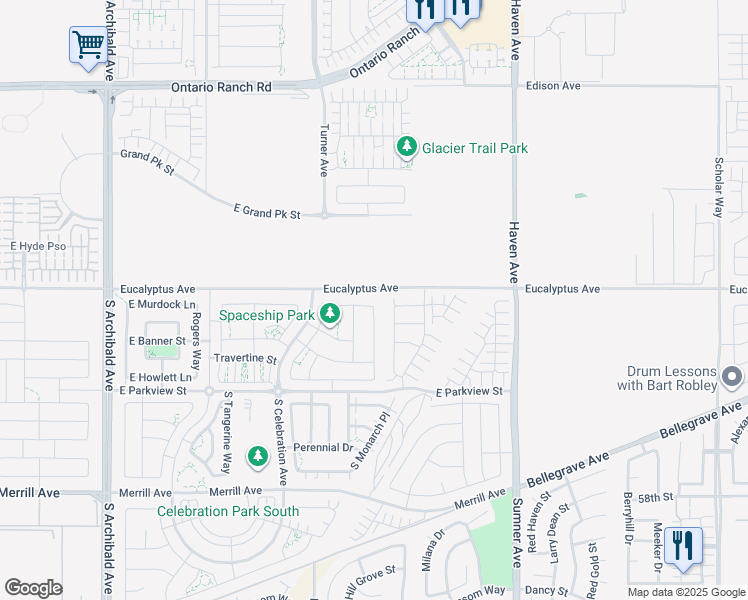 map of restaurants, bars, coffee shops, grocery stores, and more near 3261 East Kings Drive in Ontario