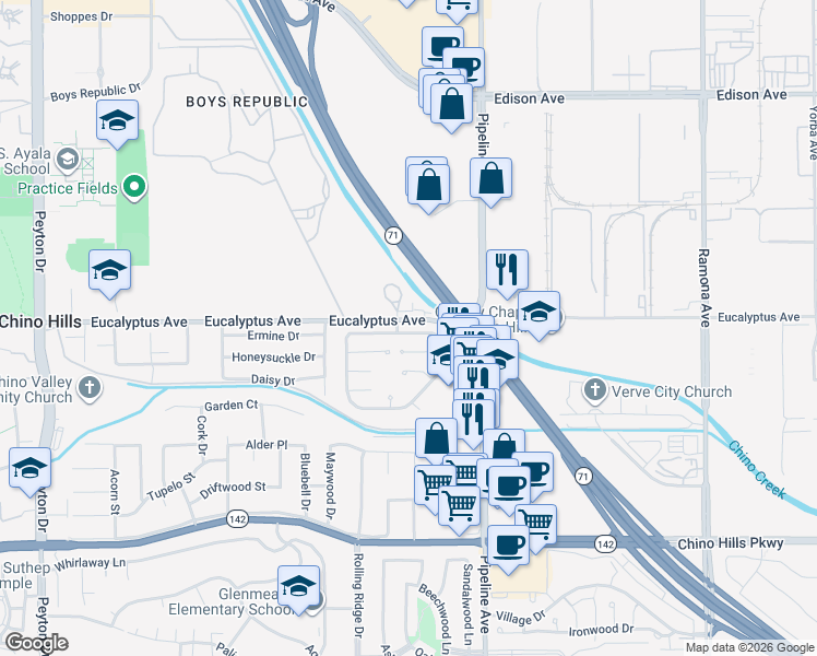 map of restaurants, bars, coffee shops, grocery stores, and more near 4008 Yellowstone Circle in Chino