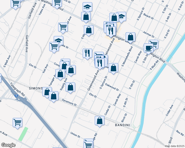 map of restaurants, bars, coffee shops, grocery stores, and more near 1237 South Greenwood Avenue in Montebello