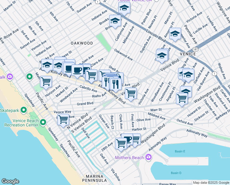 map of restaurants, bars, coffee shops, grocery stores, and more near 1635 Electric Avenue in Los Angeles