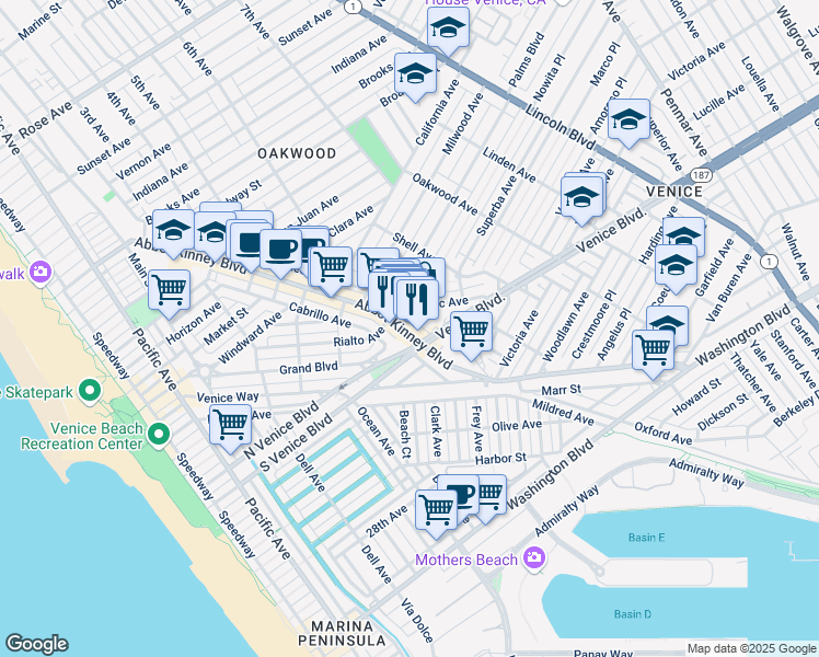 map of restaurants, bars, coffee shops, grocery stores, and more near 1629 Electric Avenue in Los Angeles