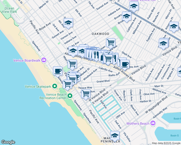 map of restaurants, bars, coffee shops, grocery stores, and more near in Los Angeles