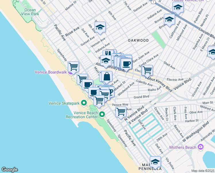 map of restaurants, bars, coffee shops, grocery stores, and more near 216 San Juan Avenue in Los Angeles