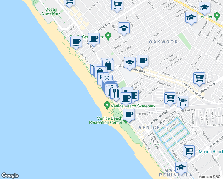 map of restaurants, bars, coffee shops, grocery stores, and more near 41 Wavecrest Court in Los Angeles
