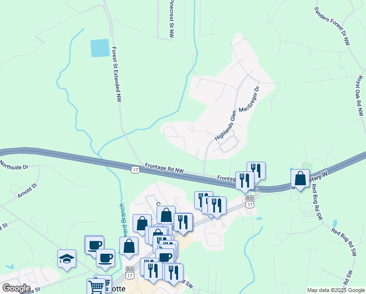 map of restaurants, bars, coffee shops, grocery stores, and more near 43 Highland Forest Circle in Shallotte