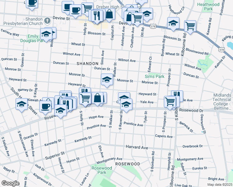 map of restaurants, bars, coffee shops, grocery stores, and more near 3204 Heyward Street in Columbia