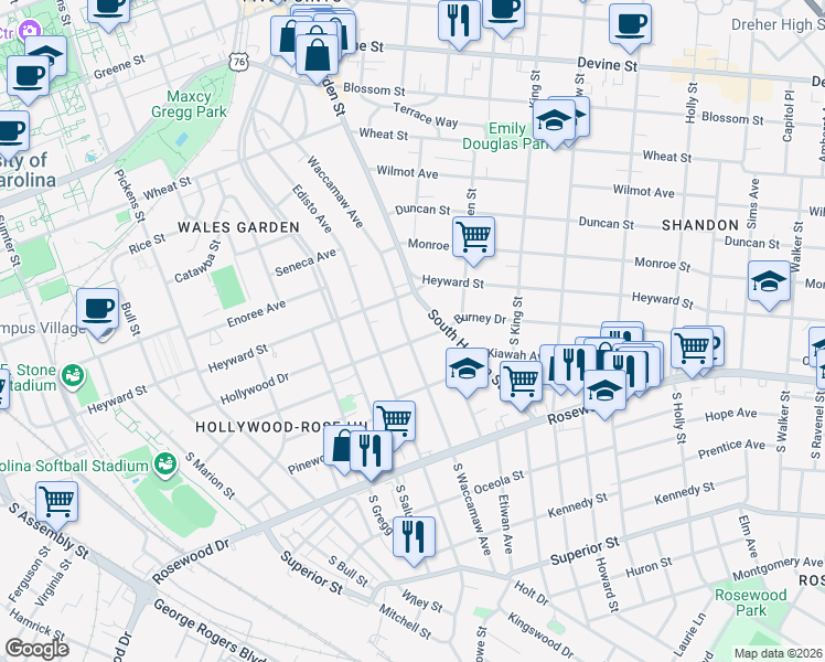map of restaurants, bars, coffee shops, grocery stores, and more near 118 South Waccamaw Avenue in Columbia