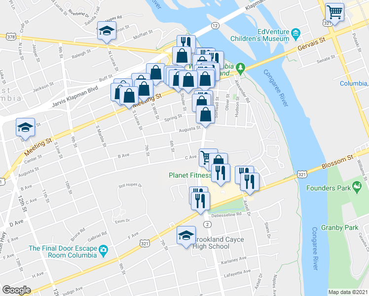 map of restaurants, bars, coffee shops, grocery stores, and more near 530 B Avenue in West Columbia