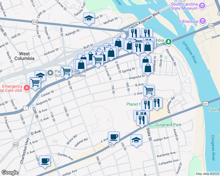 map of restaurants, bars, coffee shops, grocery stores, and more near 406 North Lucas Street in West Columbia
