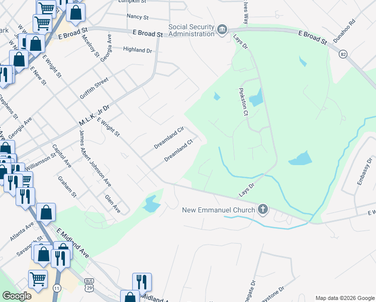 map of restaurants, bars, coffee shops, grocery stores, and more near 330 Dreamland Court in Winder