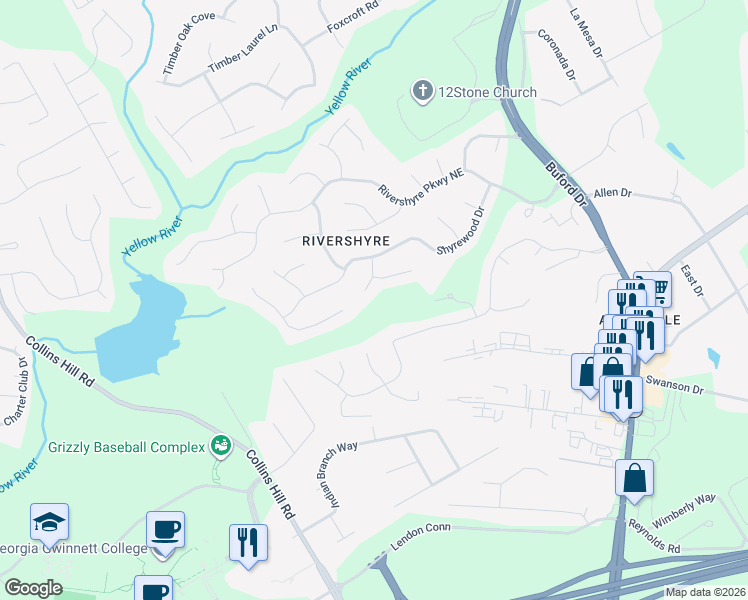 map of restaurants, bars, coffee shops, grocery stores, and more near 1141 Shyreton Place in Lawrenceville