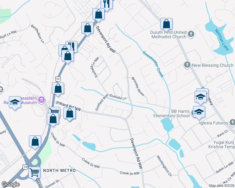 map of restaurants, bars, coffee shops, grocery stores, and more near 3344 Roundfield Circle in Duluth