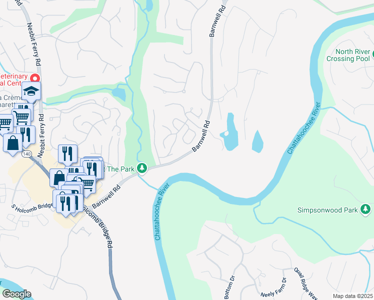 map of restaurants, bars, coffee shops, grocery stores, and more near 225 Brassy Court in Alpharetta