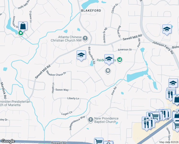 map of restaurants, bars, coffee shops, grocery stores, and more near 1604 Princeton West Trail in Marietta