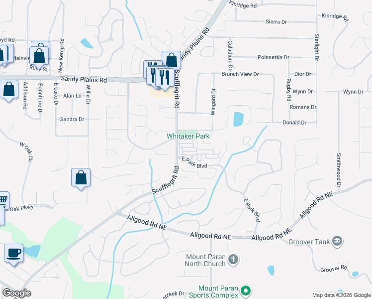 map of restaurants, bars, coffee shops, grocery stores, and more near 1612 Morningside Trce in Marietta