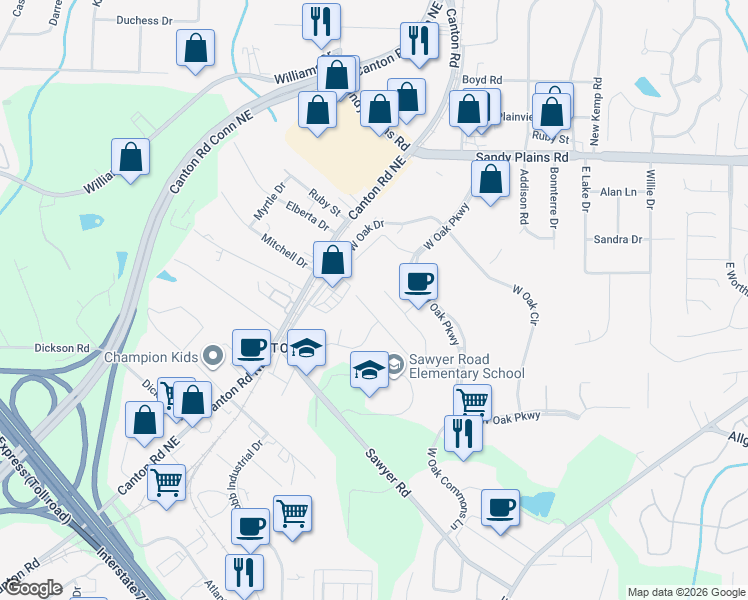map of restaurants, bars, coffee shops, grocery stores, and more near 1598 Kings Road in Marietta