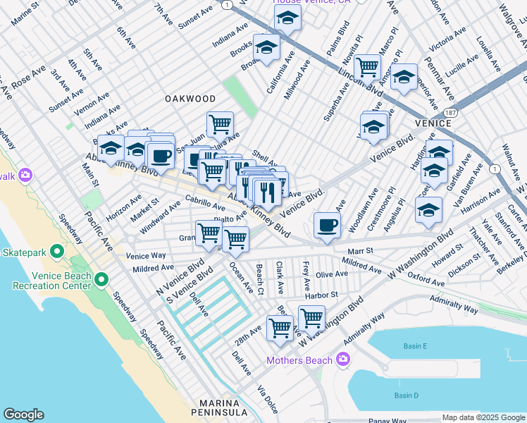 map of restaurants, bars, coffee shops, grocery stores, and more near 1629 Electric Avenue in Los Angeles