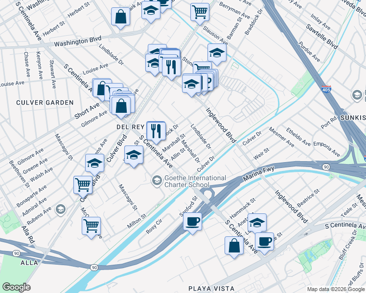 map of restaurants, bars, coffee shops, grocery stores, and more near 12209 Allin Street in Culver City