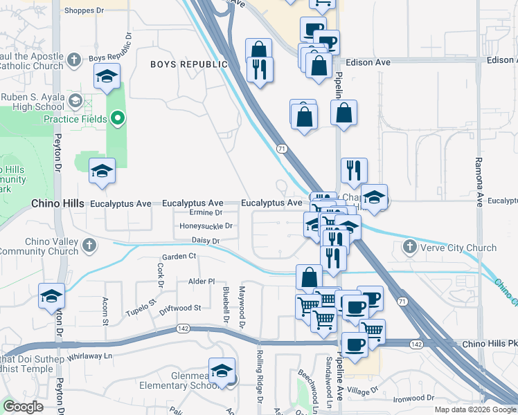 map of restaurants, bars, coffee shops, grocery stores, and more near 3866 Yellowstone Circle in Chino