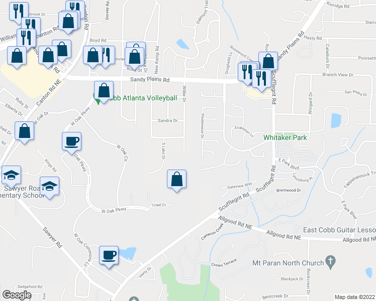 map of restaurants, bars, coffee shops, grocery stores, and more near 1608 Willie Drive in Marietta