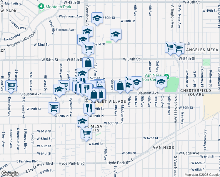 map of restaurants, bars, coffee shops, grocery stores, and more near 5729 9th Avenue in Los Angeles