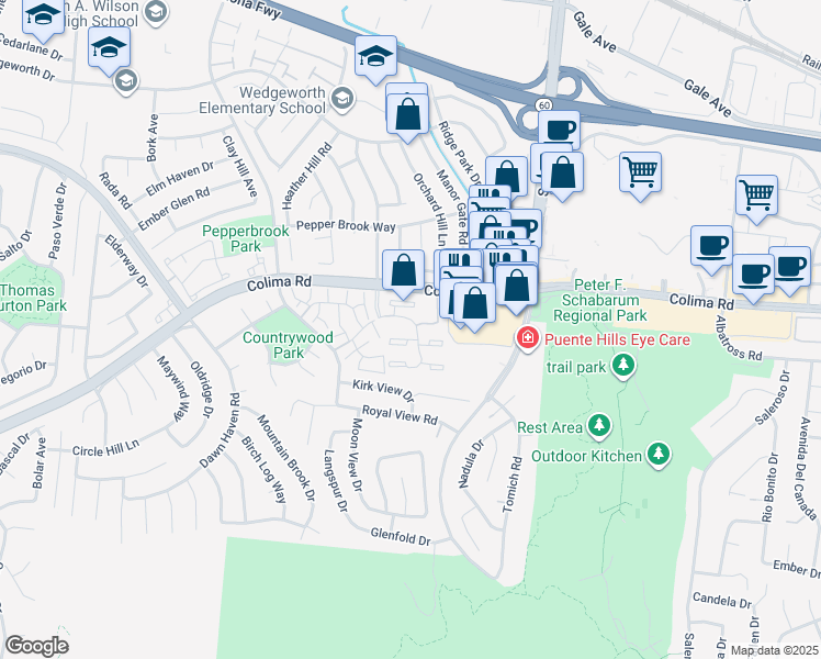 map of restaurants, bars, coffee shops, grocery stores, and more near 17002 Colima Road in Hacienda Heights