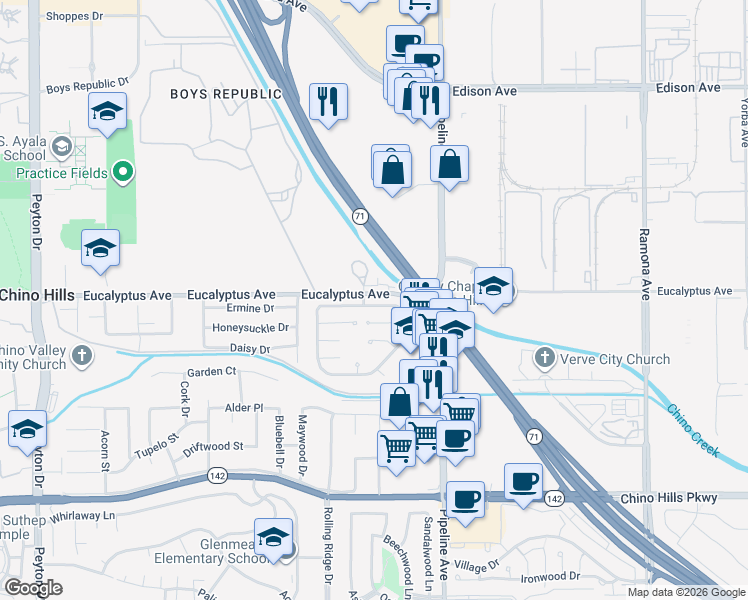 map of restaurants, bars, coffee shops, grocery stores, and more near 4008 Yellowstone Circle in Chino