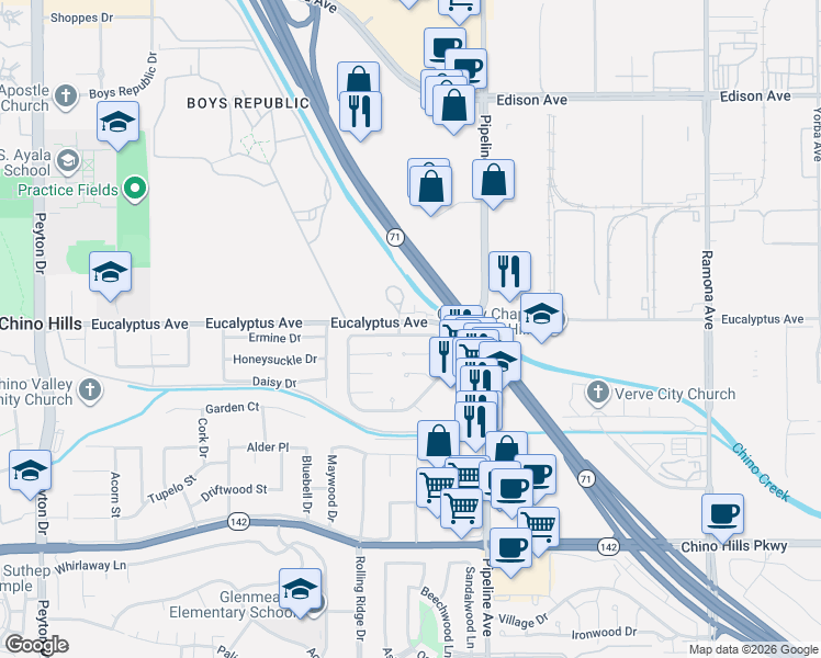 map of restaurants, bars, coffee shops, grocery stores, and more near 4006 Yellowstone Circle in Chino