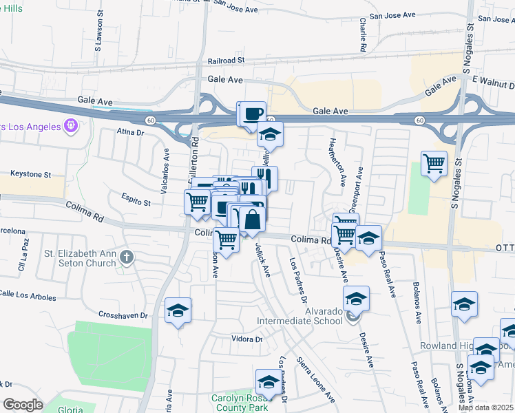 map of restaurants, bars, coffee shops, grocery stores, and more near 1535 Jellick Avenue in Rowland Heights