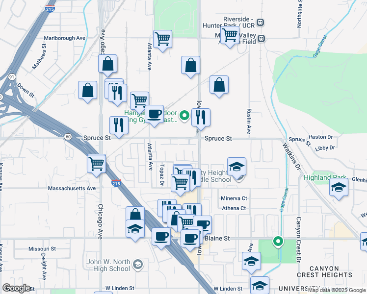 map of restaurants, bars, coffee shops, grocery stores, and more near 1356 Wheaton Way in Riverside