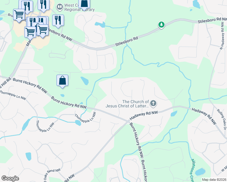 map of restaurants, bars, coffee shops, grocery stores, and more near 1318 Pembridge Way Northwest in Kennesaw
