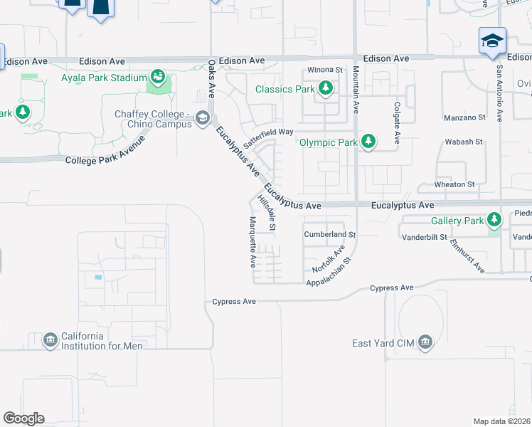 map of restaurants, bars, coffee shops, grocery stores, and more near 80 Hillsdale Street in Chino