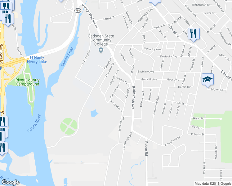 map of restaurants, bars, coffee shops, grocery stores, and more near 115 Sheridan Street in Gadsden