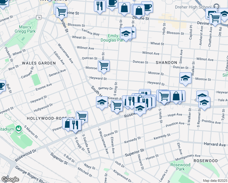 map of restaurants, bars, coffee shops, grocery stores, and more near 2514 Burney Drive in Columbia