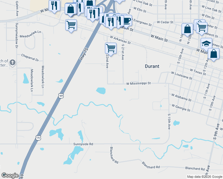 map of restaurants, bars, coffee shops, grocery stores, and more near 234 South 22nd Avenue in Durant