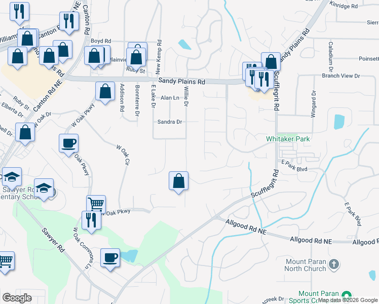 map of restaurants, bars, coffee shops, grocery stores, and more near 1545 Pinebreeze Drive in Marietta