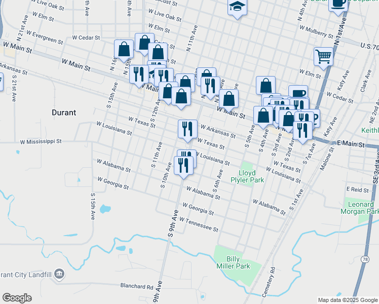 map of restaurants, bars, coffee shops, grocery stores, and more near S 9th Ave & W Louisiana St in Durant