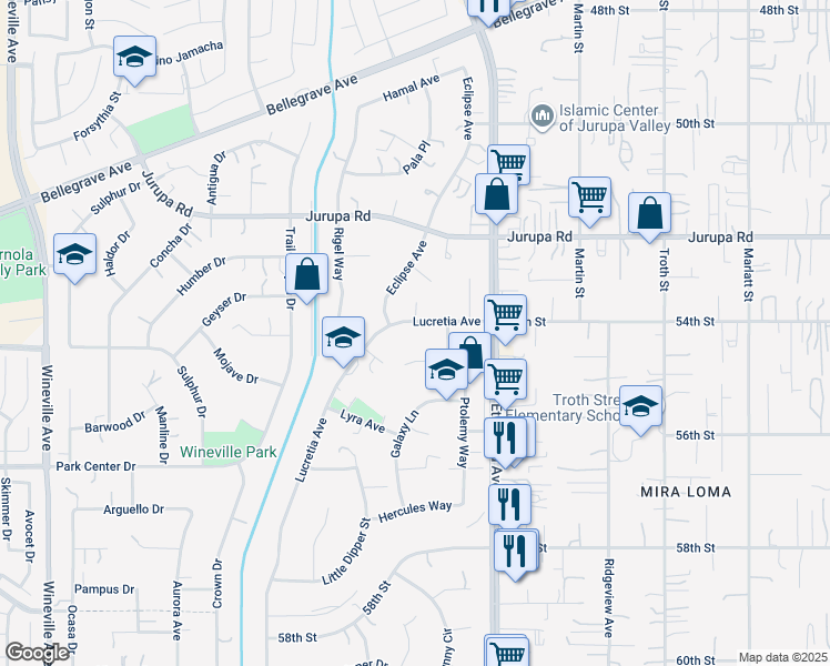 map of restaurants, bars, coffee shops, grocery stores, and more near 5344 Lucretia Avenue in Jurupa Valley