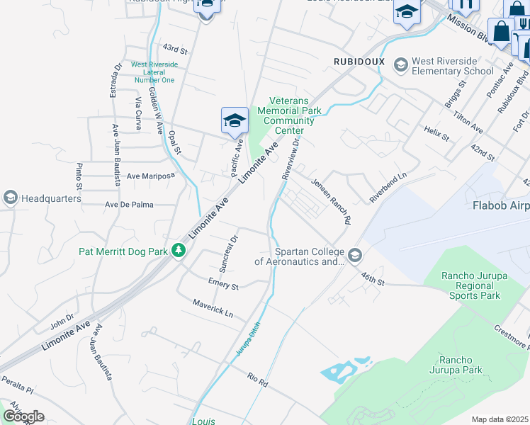map of restaurants, bars, coffee shops, grocery stores, and more near 4688 Plaza Lane in Riverside