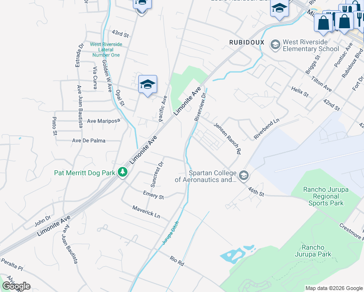 map of restaurants, bars, coffee shops, grocery stores, and more near 4620 Riverview Drive in Riverside