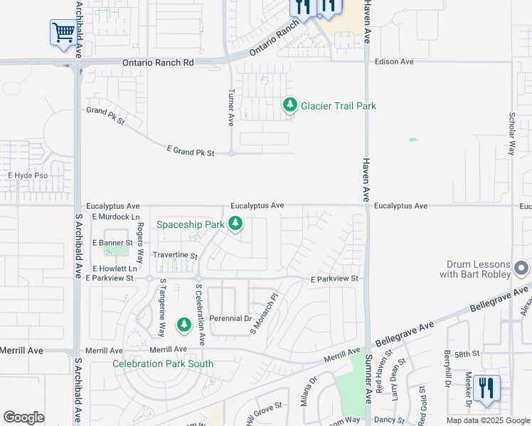 map of restaurants, bars, coffee shops, grocery stores, and more near 3261 East Kings Drive in Ontario