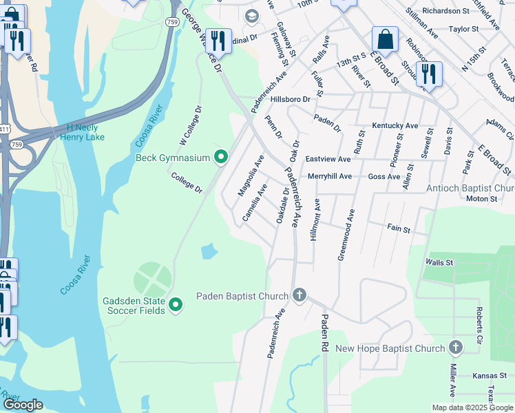 map of restaurants, bars, coffee shops, grocery stores, and more near 615 Camelia Avenue in Gadsden