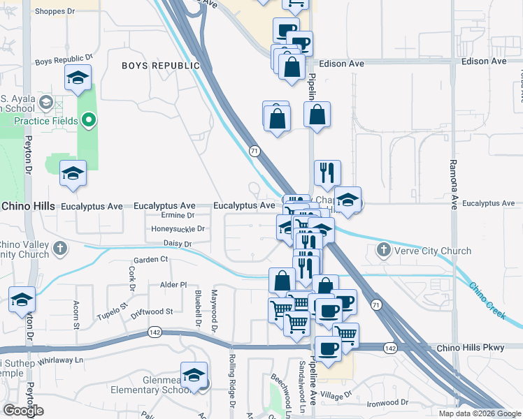 map of restaurants, bars, coffee shops, grocery stores, and more near 4008 Yellowstone Circle in Chino