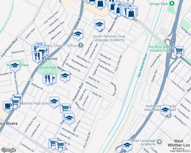 map of restaurants, bars, coffee shops, grocery stores, and more near 9438 Bradhurst Street in Pico Rivera