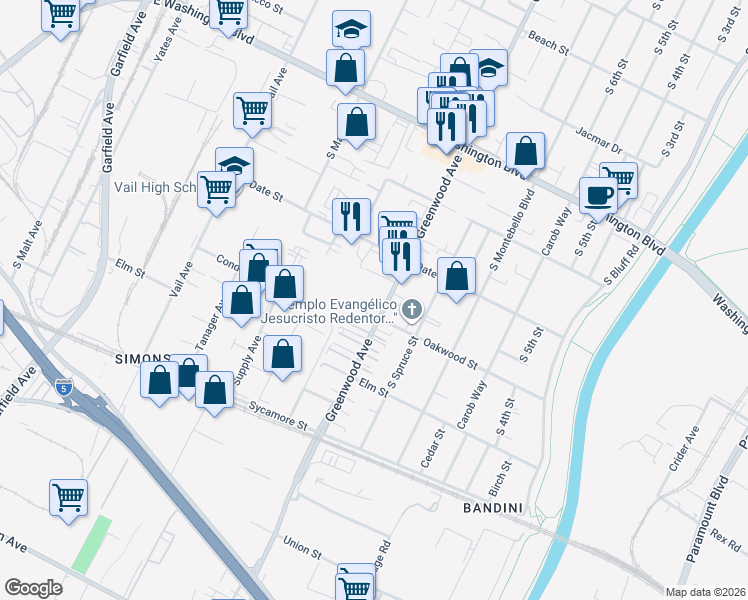map of restaurants, bars, coffee shops, grocery stores, and more near 1249 South Greenwood Avenue in Montebello