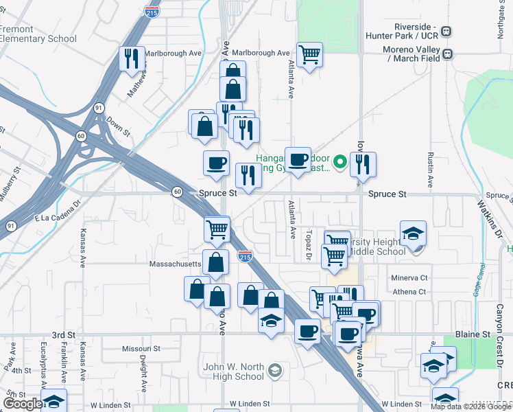 map of restaurants, bars, coffee shops, grocery stores, and more near 1560 Massachusetts Avenue in Riverside